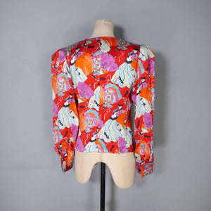 80s YVES SAINT LAURENT NOVELTY MASCARADE PRINT SILK BLOUSE - S-M