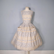 Load image into Gallery viewer, 50s SAMBO FASHIONS LIGHT BROWN BORDER PRINT FULL SKIRTED SUN DRESS - XS-S