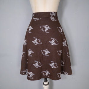 70s BROWN WHITE PONTE KNIT NOVELTY LADY PATTERN SKIRT - 25.5"