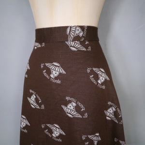 70s BROWN WHITE PONTE KNIT NOVELTY LADY PATTERN SKIRT - 25.5"