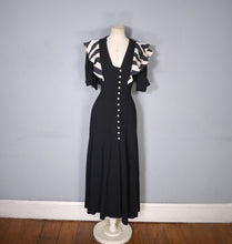 Load image into Gallery viewer, 70s OSSIE CLARK FOR RADLEY BLACK MOSS CREPE DRESS WITH STRIPE SHOULDER RUFFLE - S-M