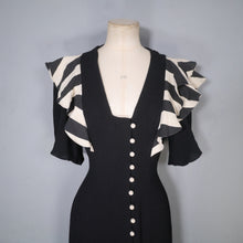 Load image into Gallery viewer, 70s OSSIE CLARK FOR RADLEY BLACK MOSS CREPE DRESS WITH STRIPE SHOULDER RUFFLE - S-M