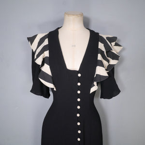 70s OSSIE CLARK FOR RADLEY BLACK MOSS CREPE DRESS WITH STRIPE SHOULDER RUFFLE - S-M