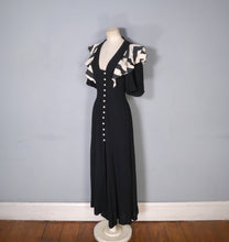 Load image into Gallery viewer, 70s OSSIE CLARK FOR RADLEY BLACK MOSS CREPE DRESS WITH STRIPE SHOULDER RUFFLE - S-M