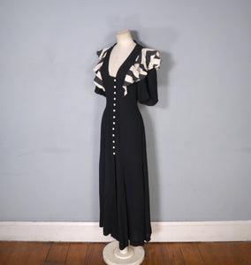 70s OSSIE CLARK FOR RADLEY BLACK MOSS CREPE DRESS WITH STRIPE SHOULDER RUFFLE - S-M