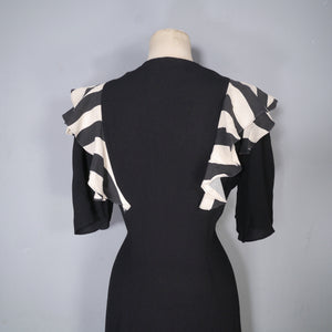 70s OSSIE CLARK FOR RADLEY BLACK MOSS CREPE DRESS WITH STRIPE SHOULDER RUFFLE - S-M