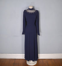 Load image into Gallery viewer, 40s NAVY CREPE EVENING MAXI DRESS WITH EMBELLISHED MESH NECKLINE - M