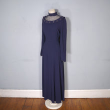 Load image into Gallery viewer, 40s NAVY CREPE EVENING MAXI DRESS WITH EMBELLISHED MESH NECKLINE - M