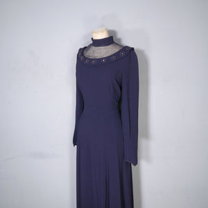 40s NAVY CREPE EVENING MAXI DRESS WITH EMBELLISHED MESH NECKLINE - M