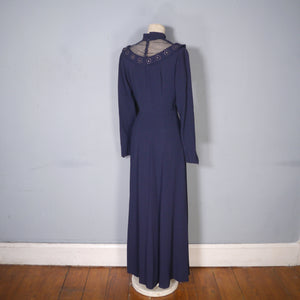 40s NAVY CREPE EVENING MAXI DRESS WITH EMBELLISHED MESH NECKLINE - M