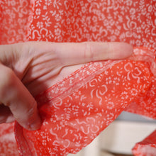 Load image into Gallery viewer, 50s RED SHEER FULL SKIRTED DRESS WITH FLOCKED BOW AND FLORAL PRINT - S