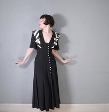 Load image into Gallery viewer, 70s OSSIE CLARK FOR RADLEY BLACK MOSS CREPE DRESS WITH STRIPE SHOULDER RUFFLE - S-M