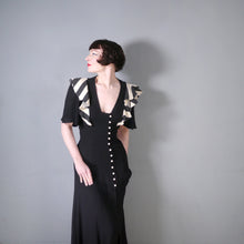 Load image into Gallery viewer, 70s OSSIE CLARK FOR RADLEY BLACK MOSS CREPE DRESS WITH STRIPE SHOULDER RUFFLE - S-M