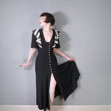 Load image into Gallery viewer, 70s OSSIE CLARK FOR RADLEY BLACK MOSS CREPE DRESS WITH STRIPE SHOULDER RUFFLE - S-M