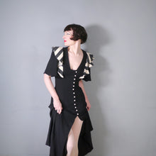 Load image into Gallery viewer, 70s OSSIE CLARK FOR RADLEY BLACK MOSS CREPE DRESS WITH STRIPE SHOULDER RUFFLE - S-M