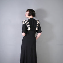 Load image into Gallery viewer, 70s OSSIE CLARK FOR RADLEY BLACK MOSS CREPE DRESS WITH STRIPE SHOULDER RUFFLE - S-M