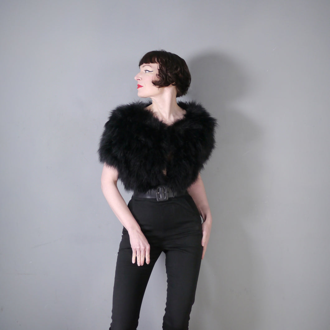 70s POLLY PECK SOFTEST BLACK MARABOU FEATHER CROPPED BOLERO JACKET - S