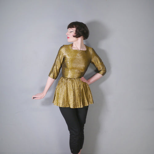 60s METALLIC GOLD LUREX PEPLUM PARTY TOP - XS