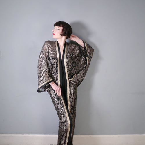 20s ART DECO SILVER AND SHEER BLACK COCOON KIMONO ROBE WITH TRAIN - XS-S