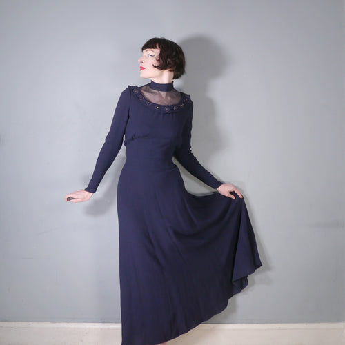 40s NAVY CREPE EVENING MAXI DRESS WITH EMBELLISHED MESH NECKLINE - M