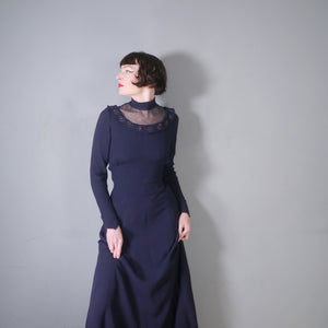 40s NAVY CREPE EVENING MAXI DRESS WITH EMBELLISHED MESH NECKLINE - M