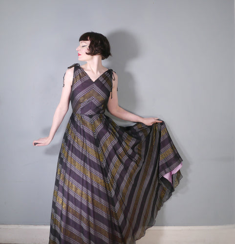 50s 60s FLOOR LENGTH METALLIC CHEVRON GOLD STRIPE PARTY DRESS - S