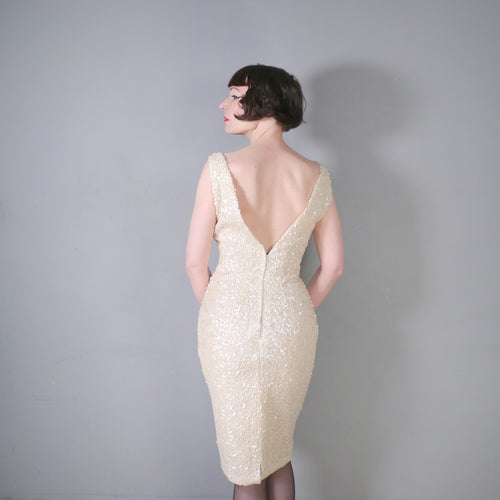 50s 60s WHITE SEQUIN WIGGLE COCKTAIL DRESS WITH PLUNGE BACK - S