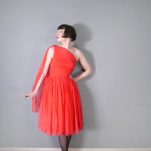 Load image into Gallery viewer, 50s 60s DELICATE RED CHIFFON ONE SHOULDER DRESS WITH SHOULDER DRAPE - XS-S