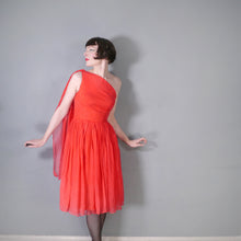 Load image into Gallery viewer, 50s 60s DELICATE RED CHIFFON ONE SHOULDER DRESS WITH SHOULDER DRAPE - XS-S