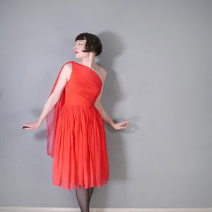 50s 60s DELICATE RED CHIFFON ONE SHOULDER DRESS WITH SHOULDER DRAPE - XS-S