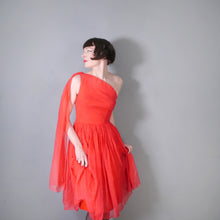 Load image into Gallery viewer, 50s 60s DELICATE RED CHIFFON ONE SHOULDER DRESS WITH SHOULDER DRAPE - XS-S