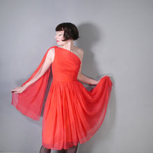 Load image into Gallery viewer, 50s 60s DELICATE RED CHIFFON ONE SHOULDER DRESS WITH SHOULDER DRAPE - XS-S