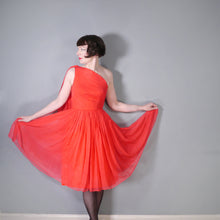 Load image into Gallery viewer, 50s 60s DELICATE RED CHIFFON ONE SHOULDER DRESS WITH SHOULDER DRAPE - XS-S