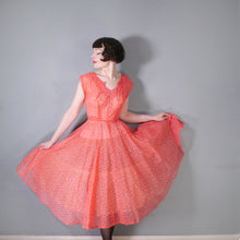 Load image into Gallery viewer, 50s RED SHEER FULL SKIRTED DRESS WITH FLOCKED BOW AND FLORAL PRINT - S
