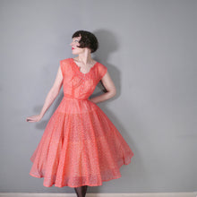 Load image into Gallery viewer, 50s RED SHEER FULL SKIRTED DRESS WITH FLOCKED BOW AND FLORAL PRINT - S
