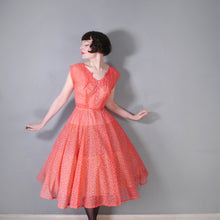 Load image into Gallery viewer, 50s RED SHEER FULL SKIRTED DRESS WITH FLOCKED BOW AND FLORAL PRINT - S