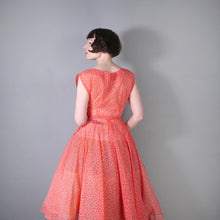 Load image into Gallery viewer, 50s RED SHEER FULL SKIRTED DRESS WITH FLOCKED BOW AND FLORAL PRINT - S