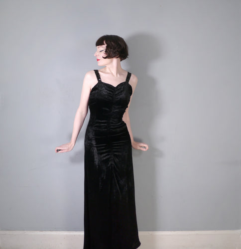 30s BLACK SILK VELVET STRAPPY ART DECO EVENING DRESS WITH SEQUINS - XS-S