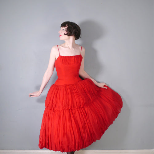 50s PARIS TREND NINA RICCI RED CHIFFON PUFF BALL SKIRT STRAPPY PARTY DRESS - M