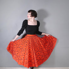 Load image into Gallery viewer, 50s RED TAFFETA FULL CIRCLE SKIRT WITH FLOCKED DIAMOND PATTERN - 25.5-26&quot;