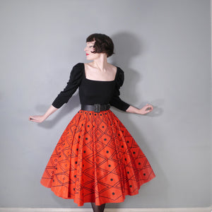 50s RED TAFFETA FULL CIRCLE SKIRT WITH FLOCKED DIAMOND PATTERN - 25.5-26"