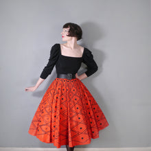 Load image into Gallery viewer, 50s RED TAFFETA FULL CIRCLE SKIRT WITH FLOCKED DIAMOND PATTERN - 25.5-26&quot;