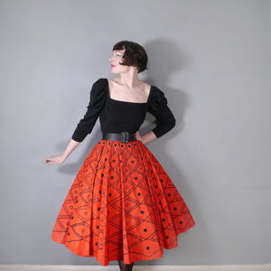 50s RED TAFFETA FULL CIRCLE SKIRT WITH FLOCKED DIAMOND PATTERN - 25.5-26"