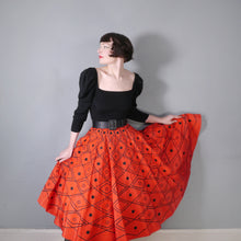 Load image into Gallery viewer, 50s RED TAFFETA FULL CIRCLE SKIRT WITH FLOCKED DIAMOND PATTERN - 25.5-26&quot;