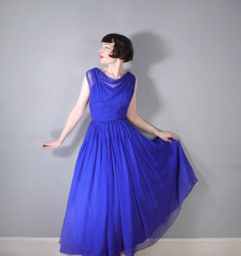 50s 60s BLUE CHIFFON LONG LENGTH PARTY / PROM DRESS - S