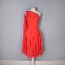 Load image into Gallery viewer, 50s 60s DELICATE RED CHIFFON ONE SHOULDER DRESS WITH SHOULDER DRAPE - XS-S