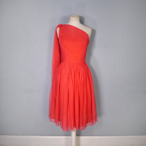 50s 60s DELICATE RED CHIFFON ONE SHOULDER DRESS WITH SHOULDER DRAPE - XS-S