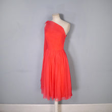 Load image into Gallery viewer, 50s 60s DELICATE RED CHIFFON ONE SHOULDER DRESS WITH SHOULDER DRAPE - XS-S