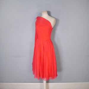 50s 60s DELICATE RED CHIFFON ONE SHOULDER DRESS WITH SHOULDER DRAPE - XS-S