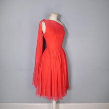 Load image into Gallery viewer, 50s 60s DELICATE RED CHIFFON ONE SHOULDER DRESS WITH SHOULDER DRAPE - XS-S